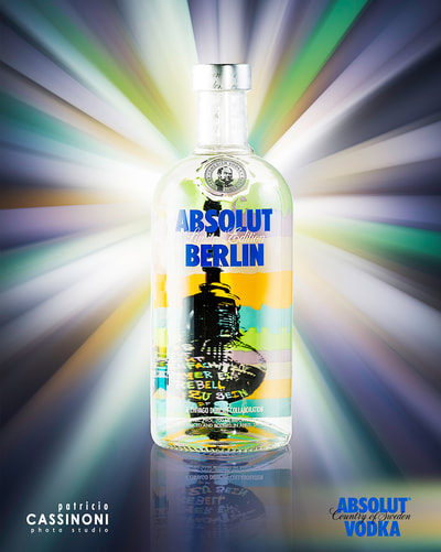 Bottle of Absolut vodka Berlin photographed in studio setup showing beautiful lighting, colours and textures