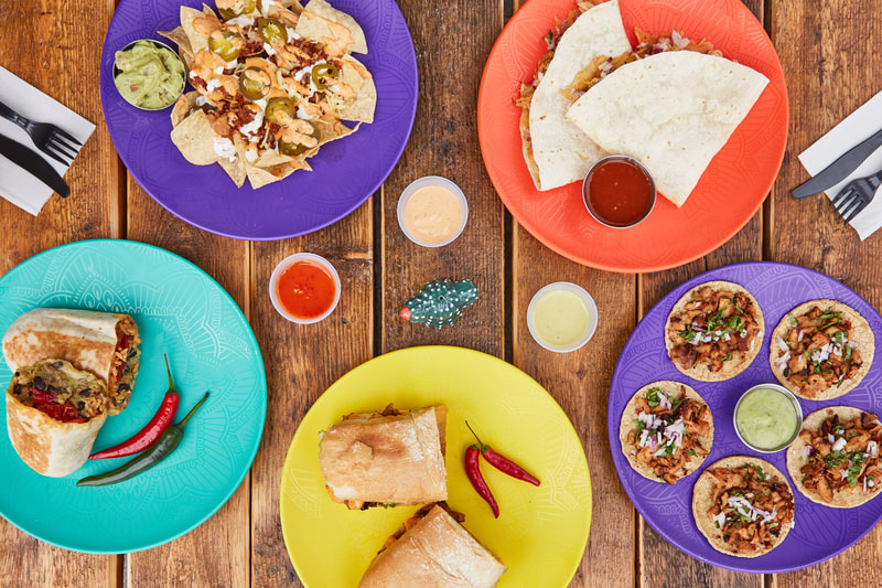 Mexican food burritos product commercial photography quesadilla color plates hot sauce 